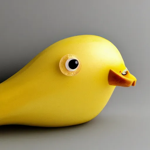 Image similar to banana duck 8k high resolution, super detailed peeled banana with duck beak and small dot eyes.