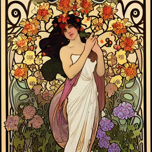 Prompt: persephone as godess of hell and flowers, painted by alphonse mucha