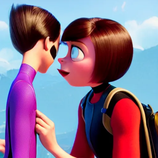 Prompt: violet parr kisses a fan in incredibles 2 movie