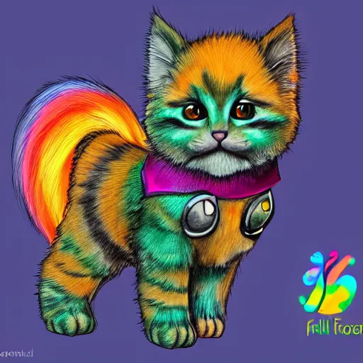 Image similar to wide angle full body, of a fluffy cute rainbow kitten wearing a black motorcycle jacket, concept art