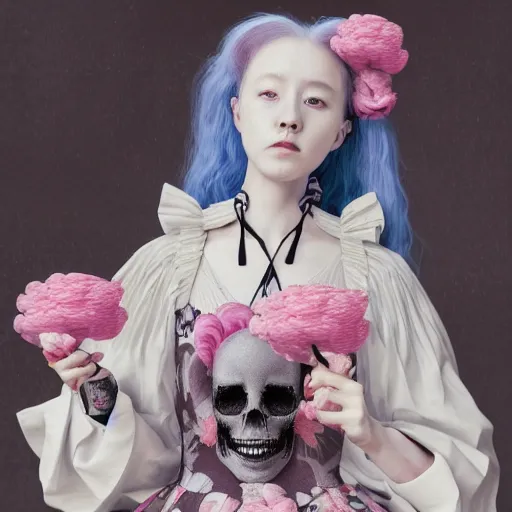 Prompt: 8 k, octane render, realism, tonalism, renaissance, rococo, baroque, cotton candy, portrait of a creepy young lady wearing long - harajuku manga - dress with flowers! and skulls