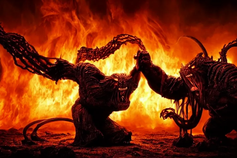 Image similar to movie still, huge balrog fighting normal sized gandalf at the bridge of khazad - dum, style of h. r. giger, fiery, dark, realistic movie still, cinematic, cgi,