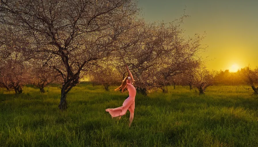 Image similar to dancing in a field of ripe peach trees, photo, cinematic lighting, cinematic still, golden hour