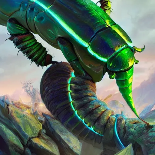 Image similar to a giant glowing worm beetle, worm monster, worm beetle, horned beetle, horned beetle, green theme, bright art masterpiece artstation. 8 k, sharp high quality artwork in style of jose daniel cabrera pena and greg rutkowski, concept art by tooth wu, blizzard warcraft artwork, hearthstone card game artwork, horned worm
