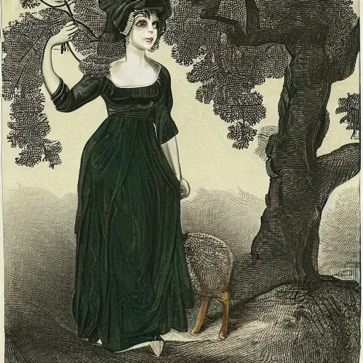 Prompt: matronly woman, slightly sad expression, tall with green sashes, holding a tree branch and a small animal, a forest springing up around her feet, by willian murai