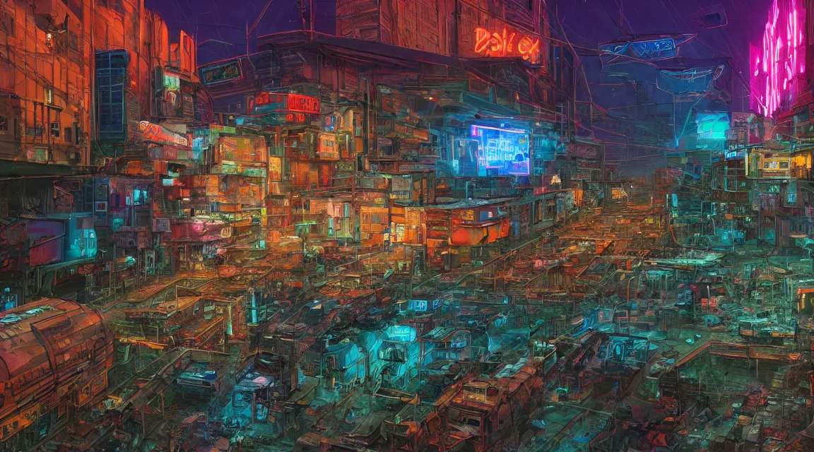 Image similar to post apocalyptic building, cyberpunk neon retro, by Vladimir Manyukhin, by Simon Stålenhag, by Guido Borelli, deviantart, trending on artstation, Photorealistic, vivid colors, polychromatic, glowing neon, geometric, concept art digital illustration, polished, beautiful, HDR Unreal Engine 64 megapixels IMAX Terragen 4.0, 8k resolution concept art filmic complex utopian mysterious moody futuristic