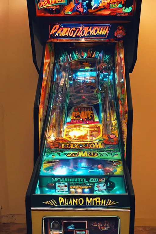 Image similar to vintage pinball machine, arcade cabinet, mugwum, phantom, nightmare, 1 9 7 0 s, polaroid photo