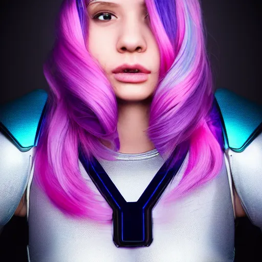 Image similar to a stunning high shutter speed action upper body portrait of a beautiful woman with a ombre purple pink hairstyle with hair flying wearing futuristic navy blue and teal battle bodyarmor and pauldrons by marvel comics, outrun, vaporware, action photography, highly detailed, fine detail, intricate, digital art, trending on artstation