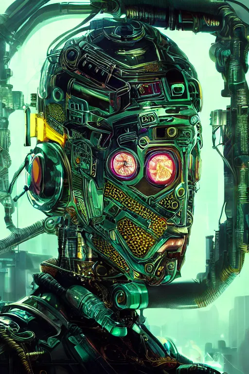 Image similar to Portrait of a cyberpunk sci-fi cyborg, third person, D&D, sci-fi fantasy, pistons and bolts, intricate, green and gold, highly detailed, art by Range Murata, highly detailed, 3d, octane render, bright colors, digital painting, trending on artstation, sharp focus, illustration style of Stanley Artgerm, background in a cinematic style