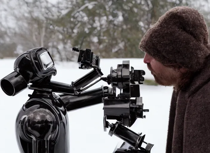 Image similar to a beautiful, cold metal robot that is kissing a cinematographer