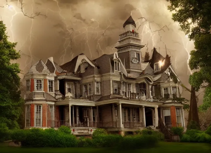 Image similar to a haunted mansion atop a hill during a thunder storm, scary, night, lighting, cinimatic, movie, horror, photorealism