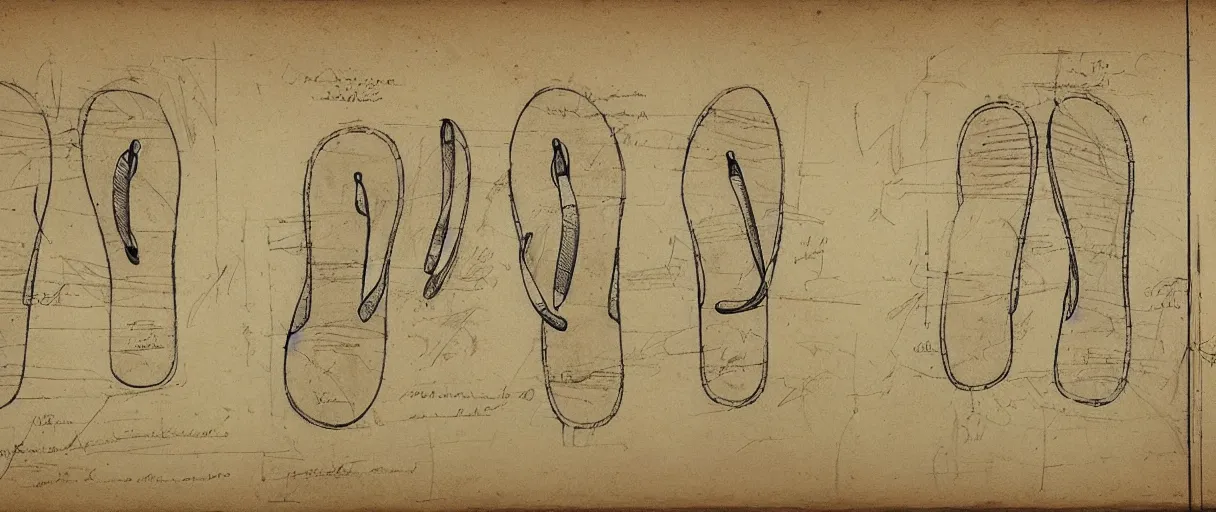 Image similar to detailed blueprint sketches of flip flops, labelled, notes, diagram, by leonardo davinci, on yellow paper, worn, pencil, sketch