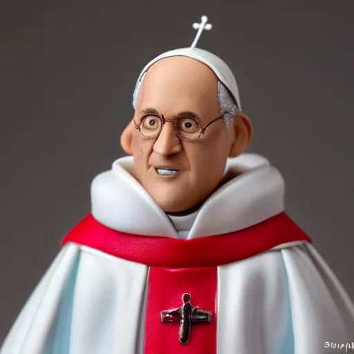 Image similar to an action figure of the pope, vinyl toy by pay jay figure, studio product photography, studio light, sigma 1 0 5 mm f 2. 8