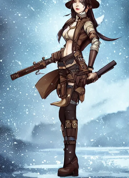 Image similar to girl with steampunk weapons and uniform, smug, finely detailed, made by artgerm, ross tran, full body portrait, illustration, snow, snowing, cloudy, anime, side view, perfect anime face, realistic face, zoomed out, smooth, brown eyes, high waisted shorts