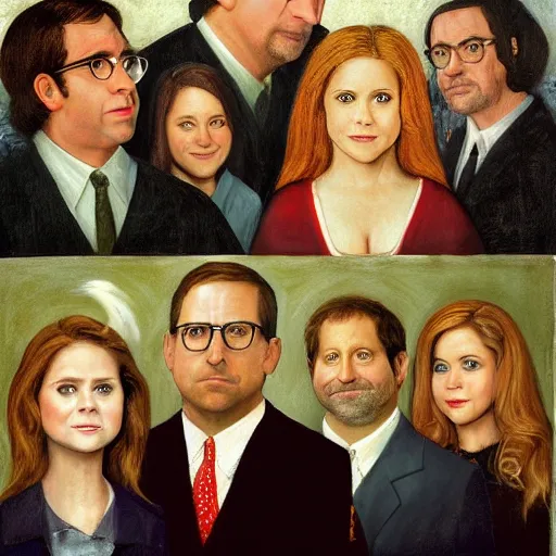 Prompt: the cast of the office, steve carell, jenna fischer, john krasinski, rainn wilson, portrait painting by hieronymus bosch