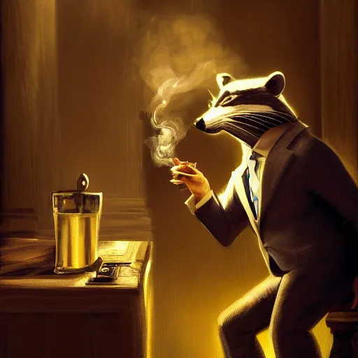 Image similar to a racoon wearing a suit smoking a cigar, dramatic lighting, cinematic, establishing shot, extremly high detail, photorealistic, cinematic lighting, artstation, style by James Gurney