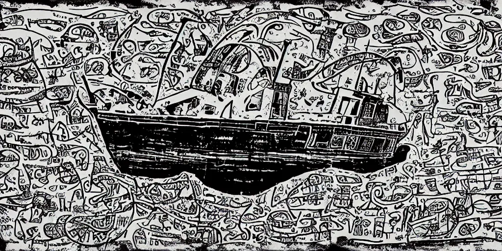 Image similar to an abandoned ship in the aral sea, in the style of daniel johnston and outsider art, 8 k, line brush, overlaid with chinese adverts