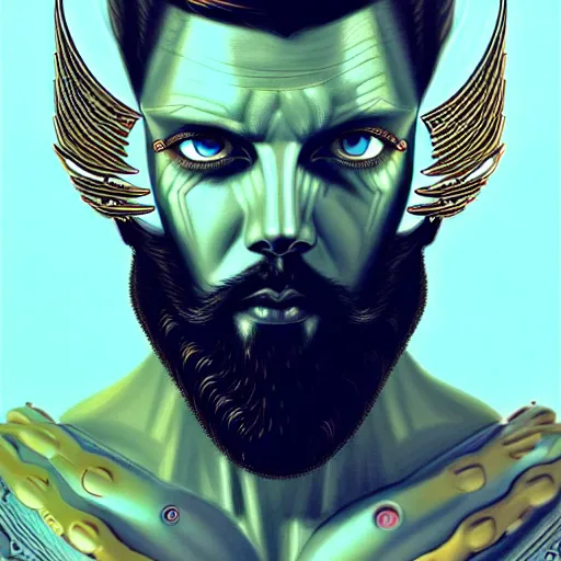 Image similar to bearded man with extremely large and intricate eye cyberpunk bionics with angry blue eyes and slim features looking askance, eye cyberpunk bionics, retro futurist style, intricate, elegant gleaming intricate baroque jewelry, angelic halo, highly detailed, digital painting, artstation, concept art, smooth, sharp focus, illustration, art by wlop, mars ravelo and greg rutkowski,