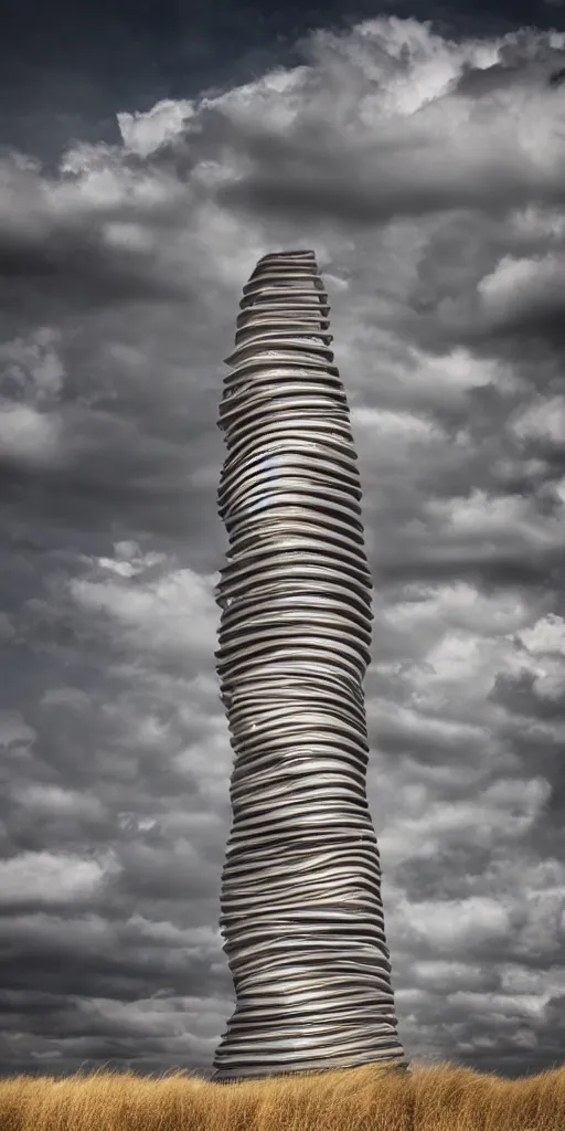 Prompt: twisted Giant tower , organic metal structure , dramatic cloudy Sky ,by zaha hadid , dunes textured , 24 mm shot , 8k