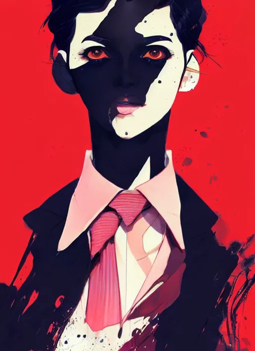 Image similar to a ultradetailed beautiful panting of a stylish woman wearing a shirt with a tie, she has black hair, dancing, by conrad roset, greg rutkowski and makoto shinkai, trending on artstation