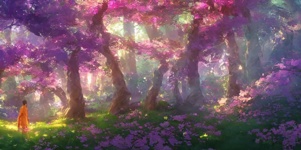 Image similar to spiritual journey through an infinite glowing colorful magical forest, sakura trees, sakura season dynamic lighting, landscape, artwork by jeremy lipkin and giuseppe dangelico pino and michael garmash and rob rey and greg manchess and huang guangjian and makoto shinkai, pixiv, 1 0 0 mm