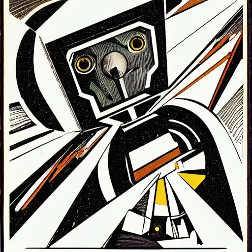 Image similar to giant humanoid robots with lazer eyes. graphical work by anatoly fomenko and bilibin and giger and lissitzky