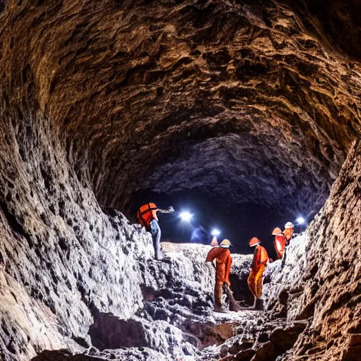 Prompt: photograph of workers mining for black opal in a large cavern, ethereal, shining rocks, award winning