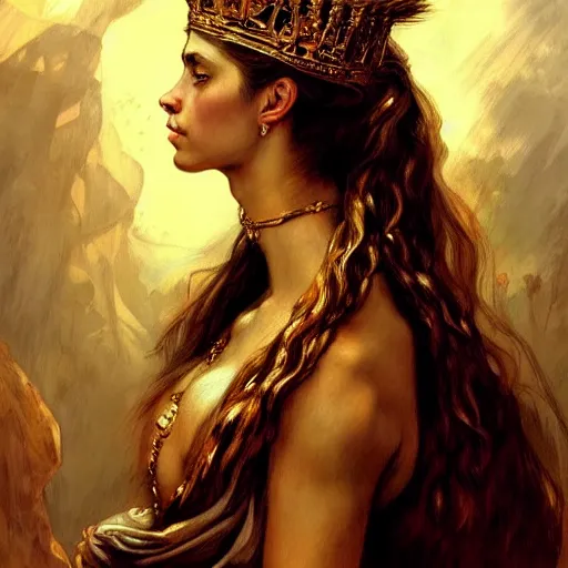 Image similar to highly detailed portrait of a majestic lioness queen in the form of a beautiful woman. d & d. art by eugene delacroix and james gurney. trending on artstation, intricate details, energetic composition, golden ratio, concept art, illustration, elegant art, global illuminaition