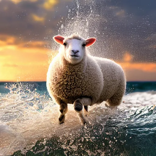 Image similar to a closeup photorealistic photograph of a cute baby sheep splashing in the surf during sunset. professional capture, well lit shot. this 4 k hd image is trending on artstation, featured on behance, well - rendered, extra crisp, features intricate detail, epic composition and the style of unreal engine.