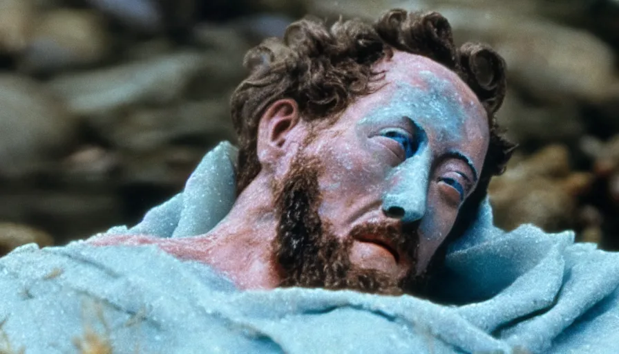 Prompt: 1 9 6 0 s movie still close up of marcus aurelius frozen to death in a blue cape in a river with gravel pebbles, pine forests, cinestill 8 0 0 t 3 5 mm, high quality, heavy grain, high detail, texture, dramatic light, anamorphic, hyperrealistic, detailed hair