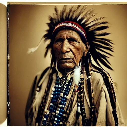 Image similar to portrait of an expressive face of an old Apache chief by annie leibovitz