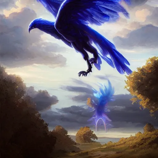 Prompt: a giant blue phoenix in the sky, by greg rutkowski, mandy jurgens