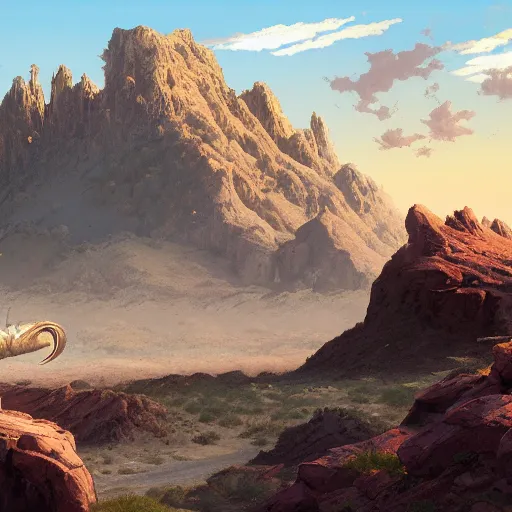 Image similar to ram caught with its horn in a bush. Desert mountain background. Sunrise. digital painting, by Frank Frazetta and Yusuke Murata, concept art, highly detailed, promotional art, HD, digital painting, trending on ArtStation, golden ratio, rule of thirds