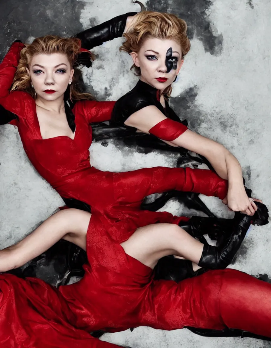Prompt: (r/nataliedormer) in a sexy red dress sitting on a motorcycle, with black metal face paint, hyper-realistic, 4k, full body, vogue photoshoot
