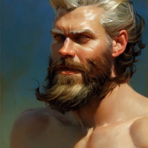 Prompt: detailed cinematic wide shot of sea captain muscular attractive masculine man beard slim face symettrical face clean skin blue eyes white hair, ultra realistic, spring light, painting by gaston bussiere, craig mullins, j. c. leyendecker