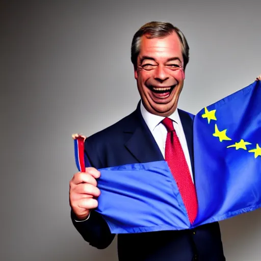 Image similar to nigel farage laughing and holding a burning eu flag, studio photograph, hd, studio