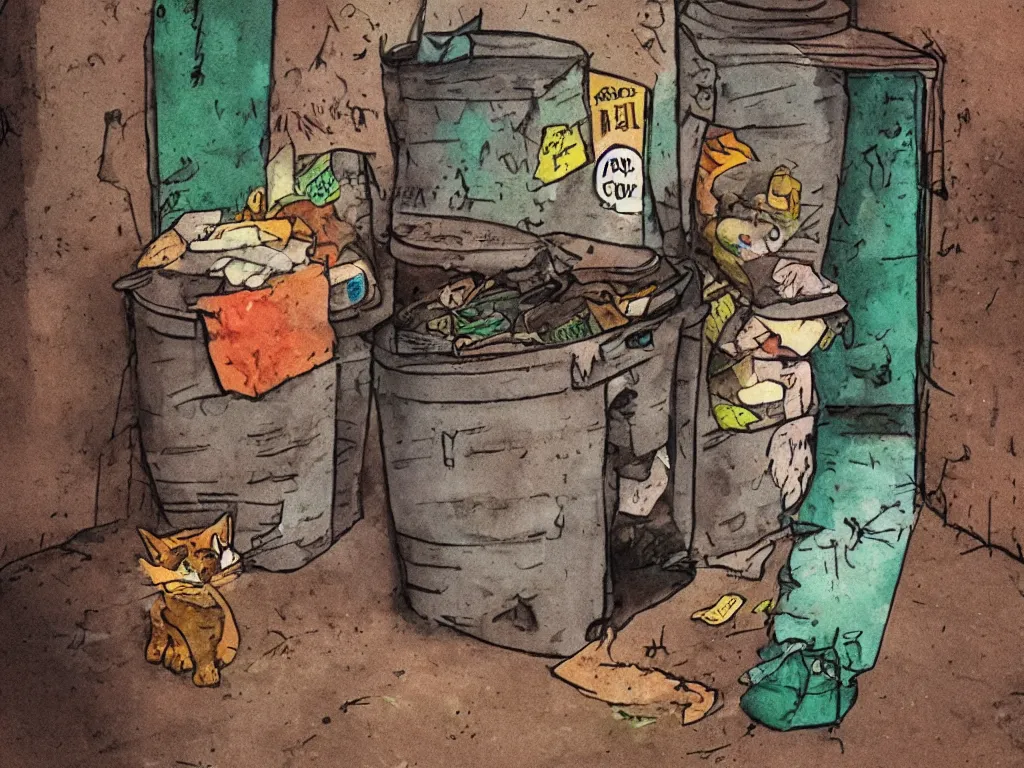 Prompt: a single lonely little alley cat living inside trash at night in downtown, in the style of kahlo and matisse