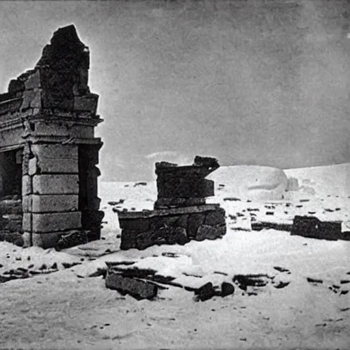 Prompt: black and white grainy newspaper photo from 1898 of an ancient ruined temple coming out of the snow in antarctica