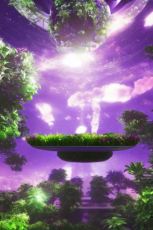 Image similar to multi level botanical garden spaceship floating in space, calm, tranquil, faded effect, detailed, vaporwave colors, render by substance designer