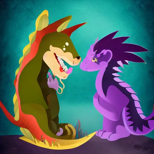 Prompt: a baby dragon and a wolf are friends, digital art