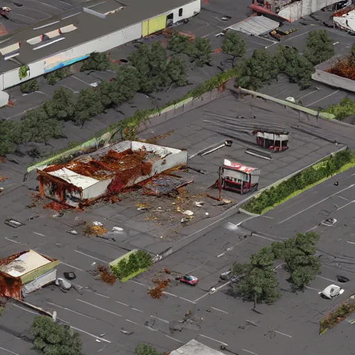 Image similar to top down aerial view of dilapidated gas - station with supermarket and shopping street in real life, desolate with zombies, dilapidated, zombies in the streets, nightmarish, some rusted style parked vehicles, sunny weather, few clouds, volumetric lighting, photorealistic, daytime, autumn, sharp focus, ultra detailed, cgsociety