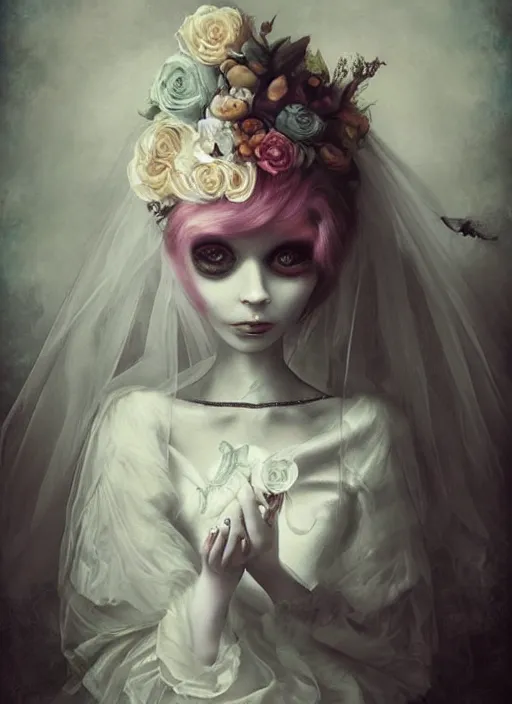 Image similar to pop surrealism, lowbrow art, realistic cute bride pale ghost girl painting, hyper realism, muted colours, rococo, natalie shau, loreta lux, tom bagshaw, mark ryden, trevor brown style,