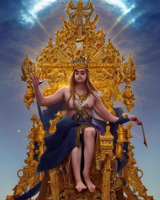 Prompt: cute chubby cara delevingne as a heavenly queen sitting on a golden throne, anatomy, bathed in light, highly detailed, photorealistic, artstation, smooth, sharp focus, illustration, unreal engine 5, 8 k, art by artgerm and greg rutkowski and edgar maxence