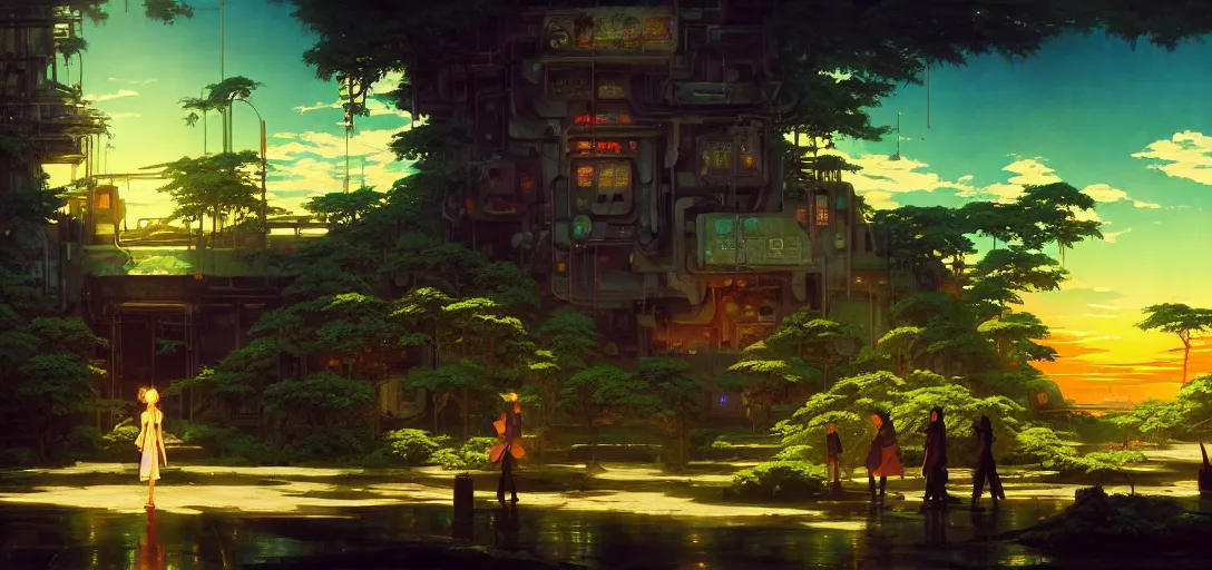 Image similar to baroque oil painting of anime key visual environment of a eden in a cyberpunk world, brutalist, dark fantasy, sunset, rule of thirds, digital cel shading, fake hidden detail, trending on pixiv fanbox, style of makoto shinkai studio ghibli jamie wyeth james gilleard greg rutkowski