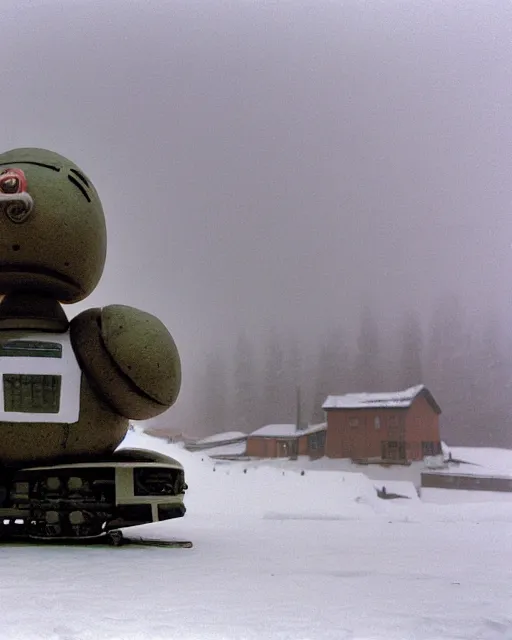 Image similar to giant oversized chubby bulky armored train penguin robot mech, with big penguin head , rocket launcher , on a village , Cinematic focus, fujicolor photo, vintage, neutral colors, soft lights, foggy, panorama by by Serov Valentin, by lisa yuskavage, by Andrei Tarkovsky