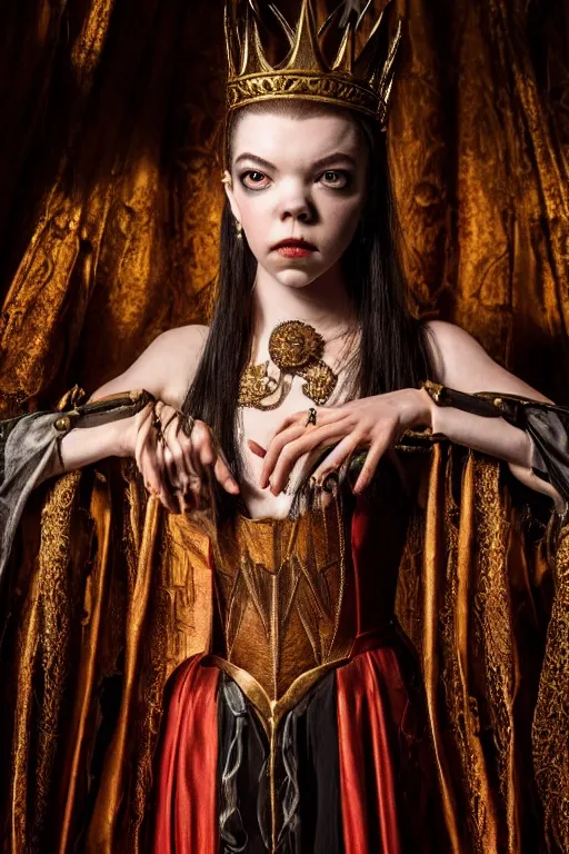 Image similar to dressed anya taylor - joy as a queen of senobith, symmetrical, cinematic, elegant, demonic atmosphere, professional studio light, real dlsr photography, sharp focus, costume made by clive barker, real rotten flesh and blood, 4 k, ultra hd, sense of awe