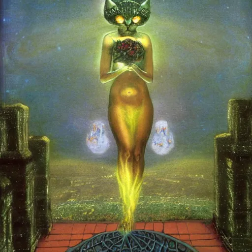 Image similar to extraterrestrial divine godly witch's garden square leopard tequila ophanim entree, by arnold bocklin and guido borelli da caluso and h. p. lovecraft, tarot card, quantum wavetracing, postmodern