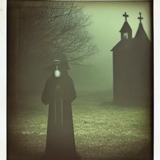 Prompt: polaroid plague doctor staying in front of the anandoned church in the woods, dark, moody, gloomy, foggy