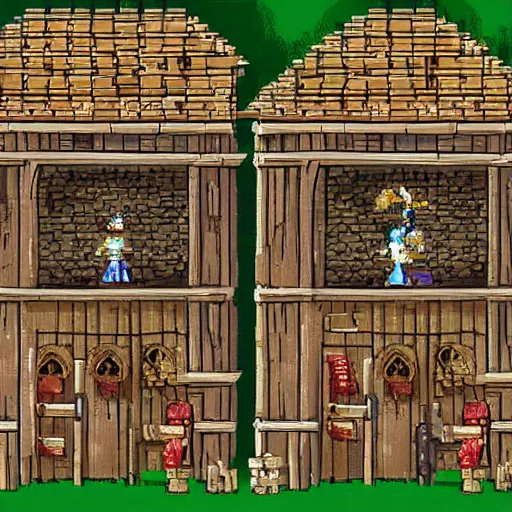 Image similar to a medieval barrack where you train warriors, sprite art, painted, 2 d game