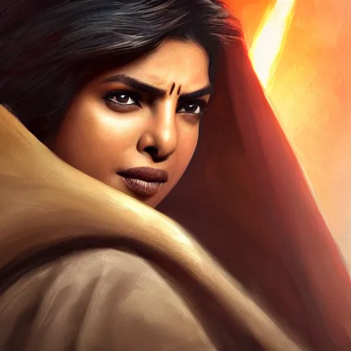 Prompt: priyanka chopra as a jedi master in brown robe, style of Raymond Swanland, cinematic, artstation